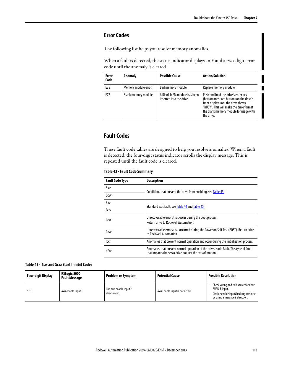 Error codes, Fault codes, Error codes fault codes | Rockwell Automation 2097-Vxxx Kinetix 350 Single-axis EtherNet/IP Servo Drive User Manual User Manual | Page 113 / 156