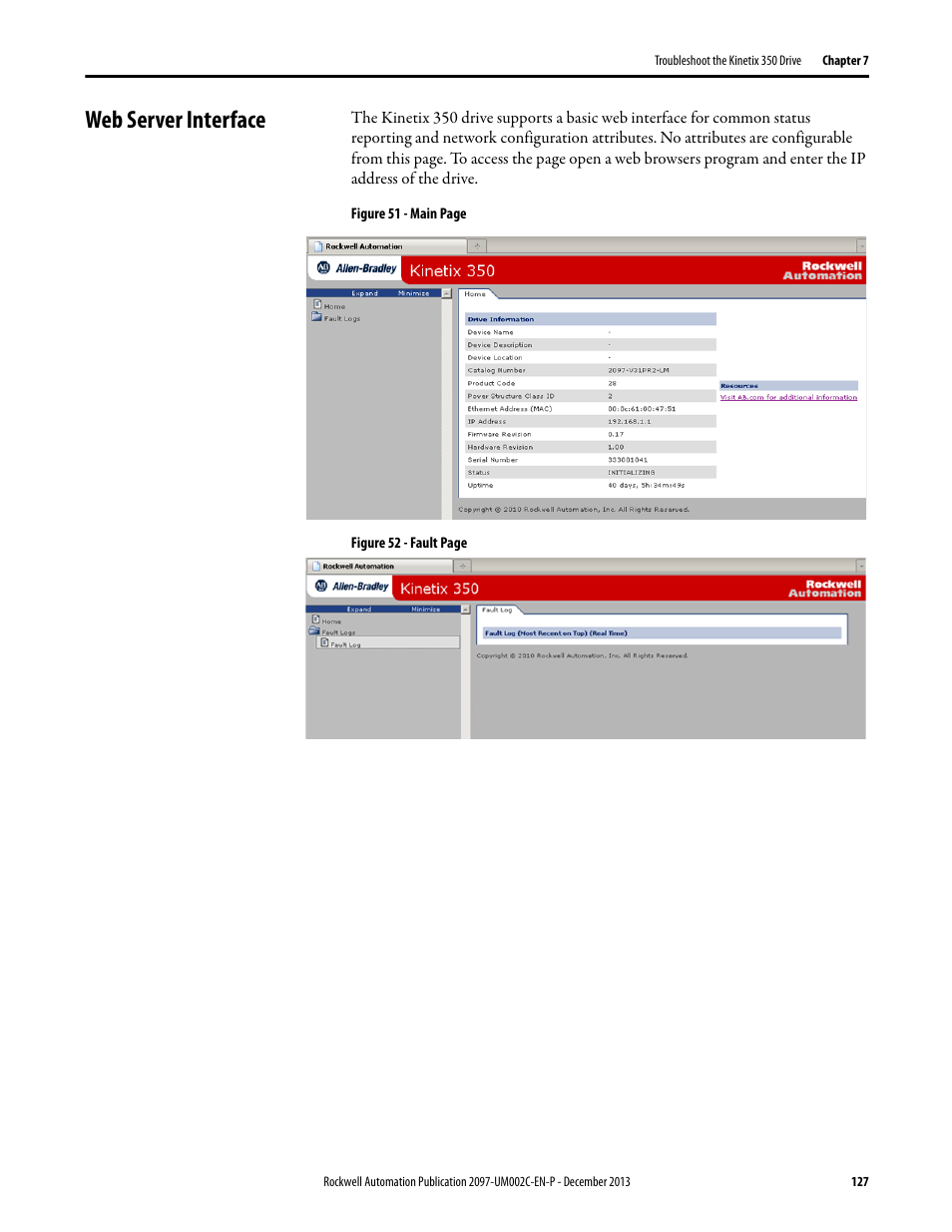 Web server interface | Rockwell Automation 2097-Vxxx Kinetix 350 Single-axis EtherNet/IP Servo Drive User Manual User Manual | Page 127 / 156