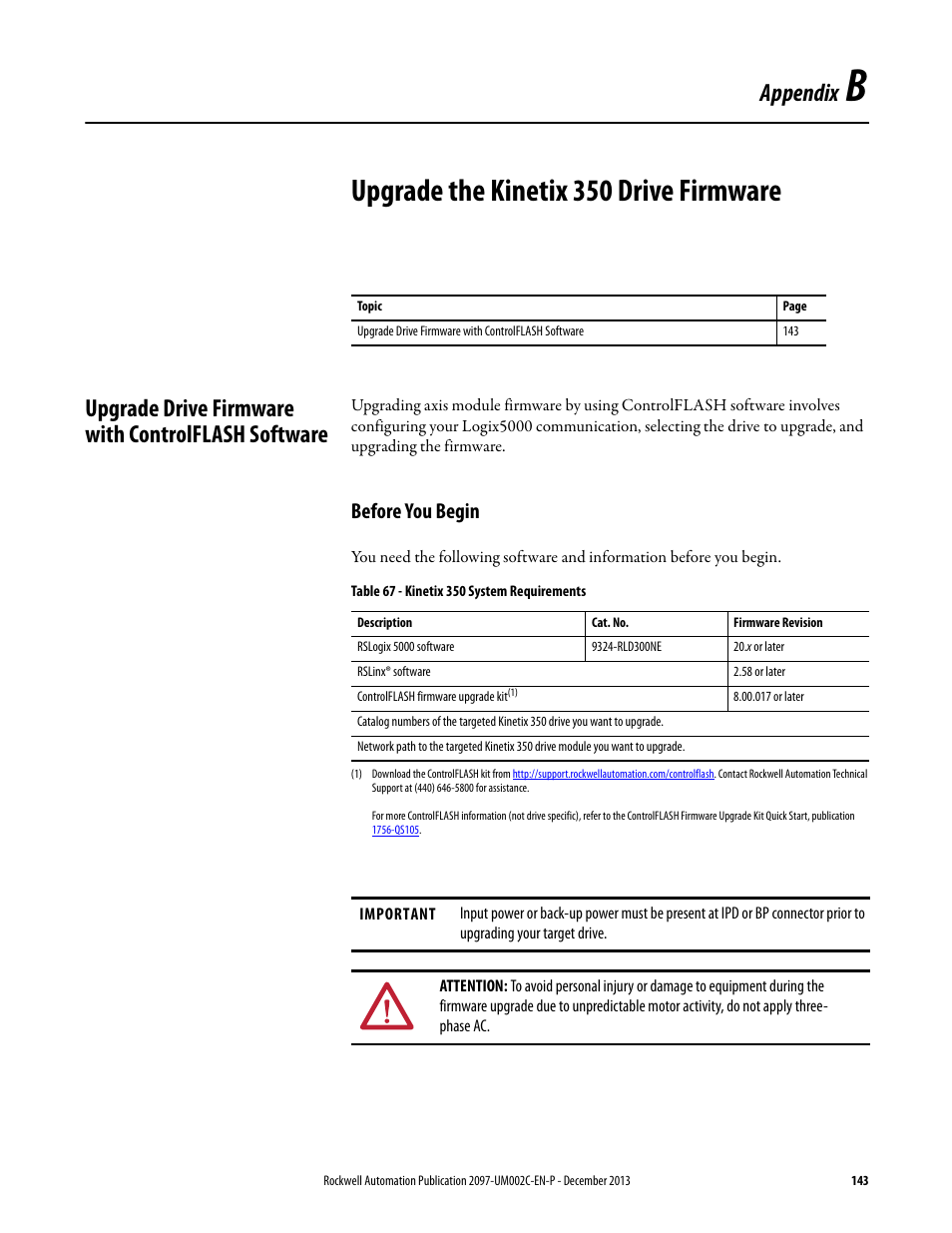 Upgrade drive firmware with controlflash software, Before you begin, Appendix b | Upgrade the kinetix 350 drive firmware, Appendix | Rockwell Automation 2097-Vxxx Kinetix 350 Single-axis EtherNet/IP Servo Drive User Manual User Manual | Page 143 / 156