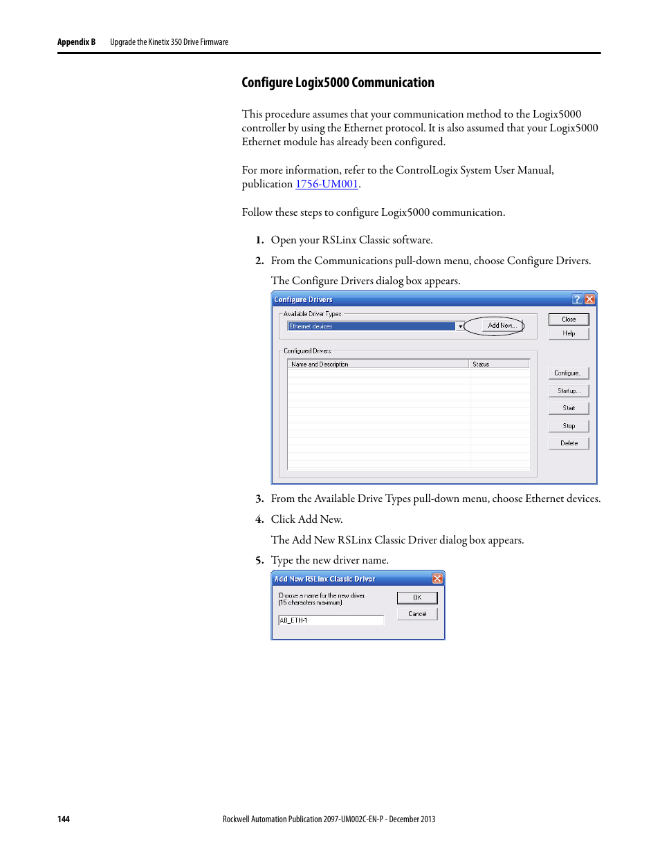 Configure logix5000 communication | Rockwell Automation 2097-Vxxx Kinetix 350 Single-axis EtherNet/IP Servo Drive User Manual User Manual | Page 144 / 156