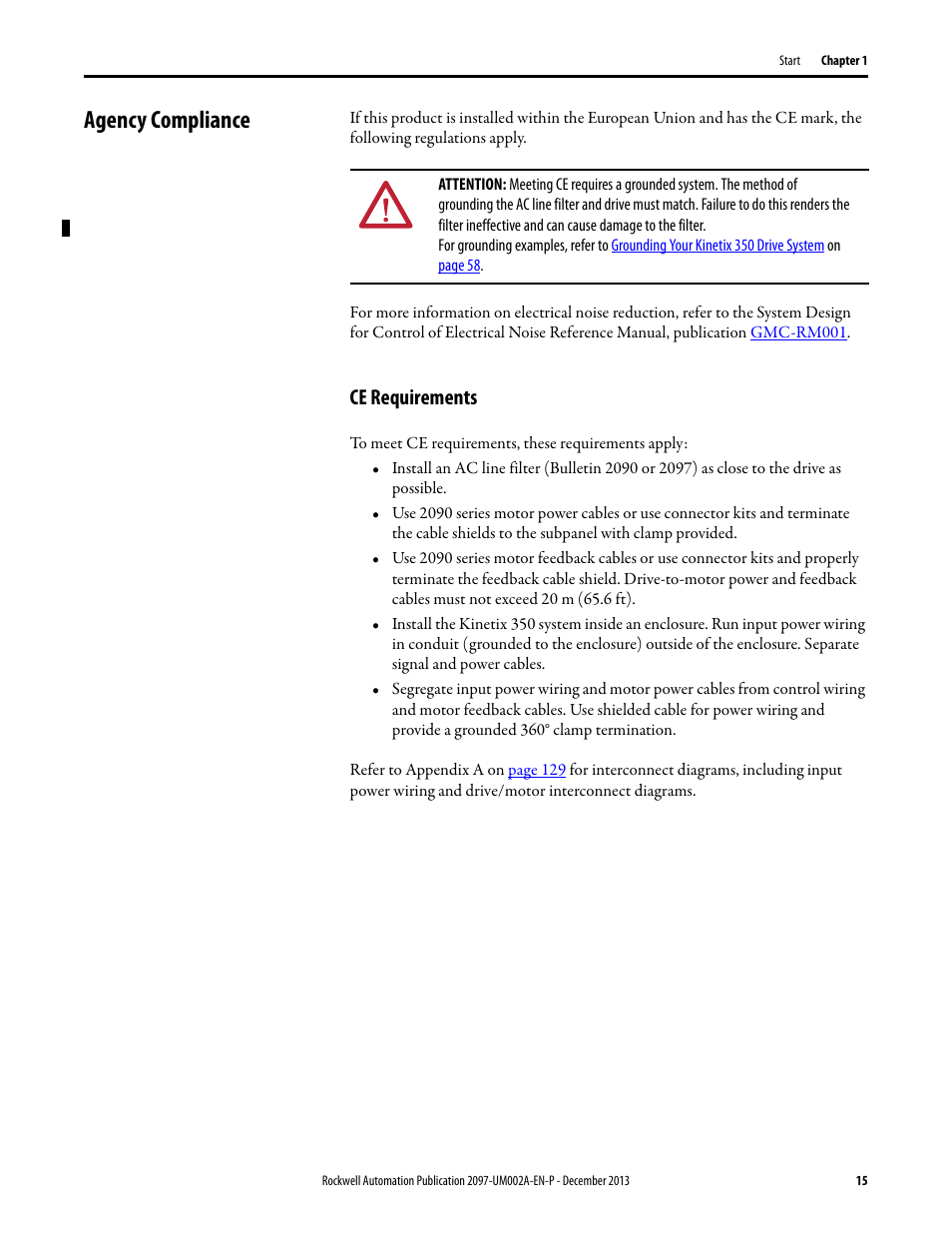 Agency compliance, Ce requirements | Rockwell Automation 2097-Vxxx Kinetix 350 Single-axis EtherNet/IP Servo Drive User Manual User Manual | Page 15 / 156