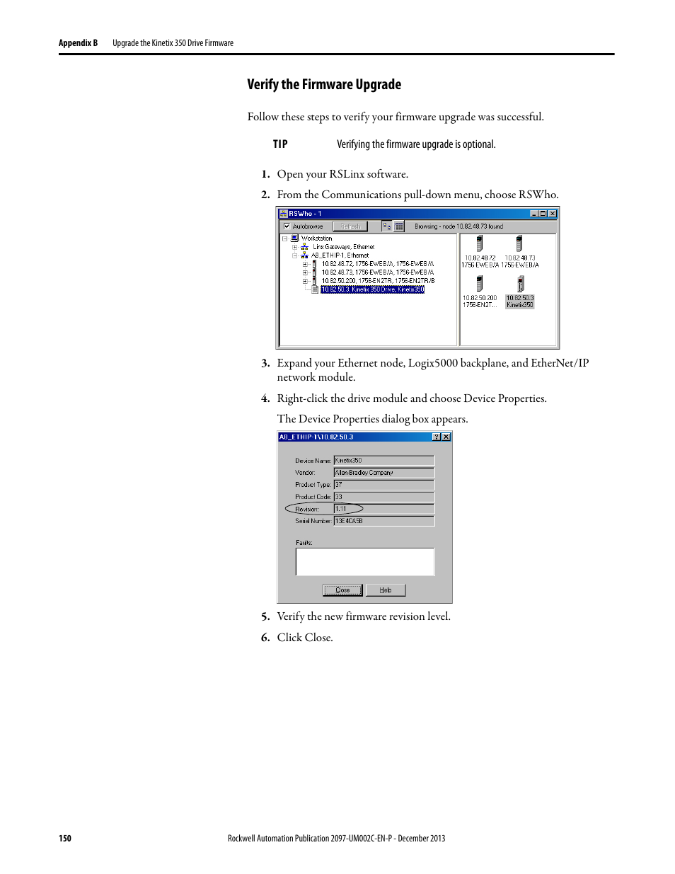 Verify the firmware upgrade | Rockwell Automation 2097-Vxxx Kinetix 350 Single-axis EtherNet/IP Servo Drive User Manual User Manual | Page 150 / 156