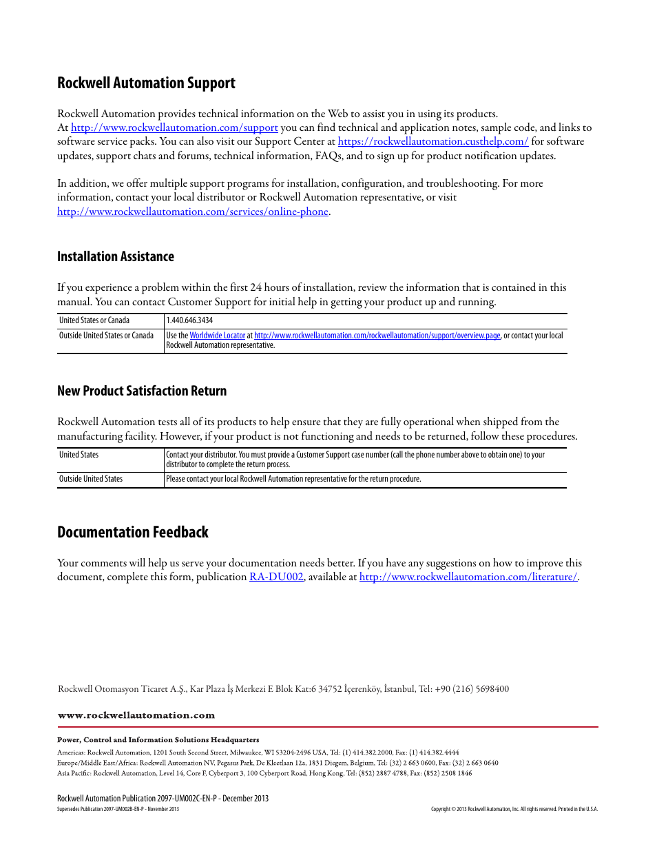 Back cover, Rockwell automation support, Documentation feedback | Installation assistance, New product satisfaction return | Rockwell Automation 2097-Vxxx Kinetix 350 Single-axis EtherNet/IP Servo Drive User Manual User Manual | Page 156 / 156