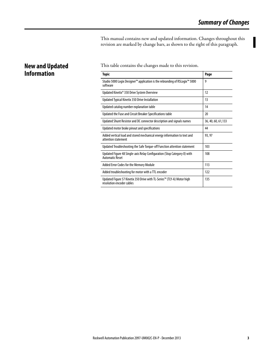 Summary of changes, New and updated information | Rockwell Automation 2097-Vxxx Kinetix 350 Single-axis EtherNet/IP Servo Drive User Manual User Manual | Page 3 / 156