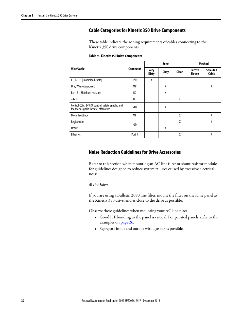 Cable categories for kinetix 350 drive components, Noise reduction guidelines for drive accessories | Rockwell Automation 2097-Vxxx Kinetix 350 Single-axis EtherNet/IP Servo Drive User Manual User Manual | Page 30 / 156