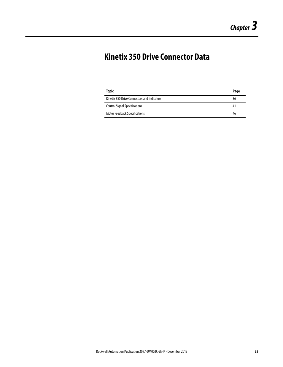 Chapter 3 - kinetix 350 drive connector data, Chapter 3, Kinetix 350 drive connector data | Chapter | Rockwell Automation 2097-Vxxx Kinetix 350 Single-axis EtherNet/IP Servo Drive User Manual User Manual | Page 35 / 156