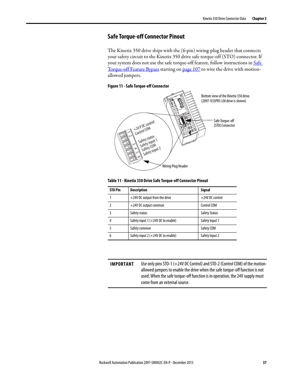 Safe torque-off connector pinout | Rockwell Automation 2097-Vxxx Kinetix 350 Single-axis EtherNet/IP Servo Drive User Manual User Manual | Page 37 / 156