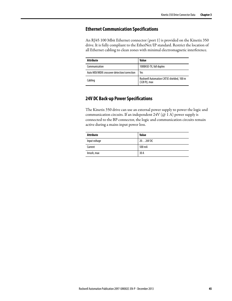 Ethernet communication specifications, 24v dc back-up power specifications | Rockwell Automation 2097-Vxxx Kinetix 350 Single-axis EtherNet/IP Servo Drive User Manual User Manual | Page 45 / 156