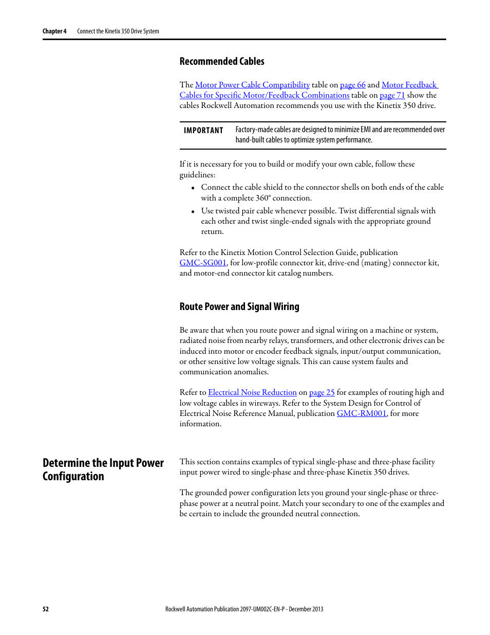 Recommended cables, Route power and signal wiring, Determine the input power configuration | Recommended cables route power and signal wiring | Rockwell Automation 2097-Vxxx Kinetix 350 Single-axis EtherNet/IP Servo Drive User Manual User Manual | Page 52 / 156