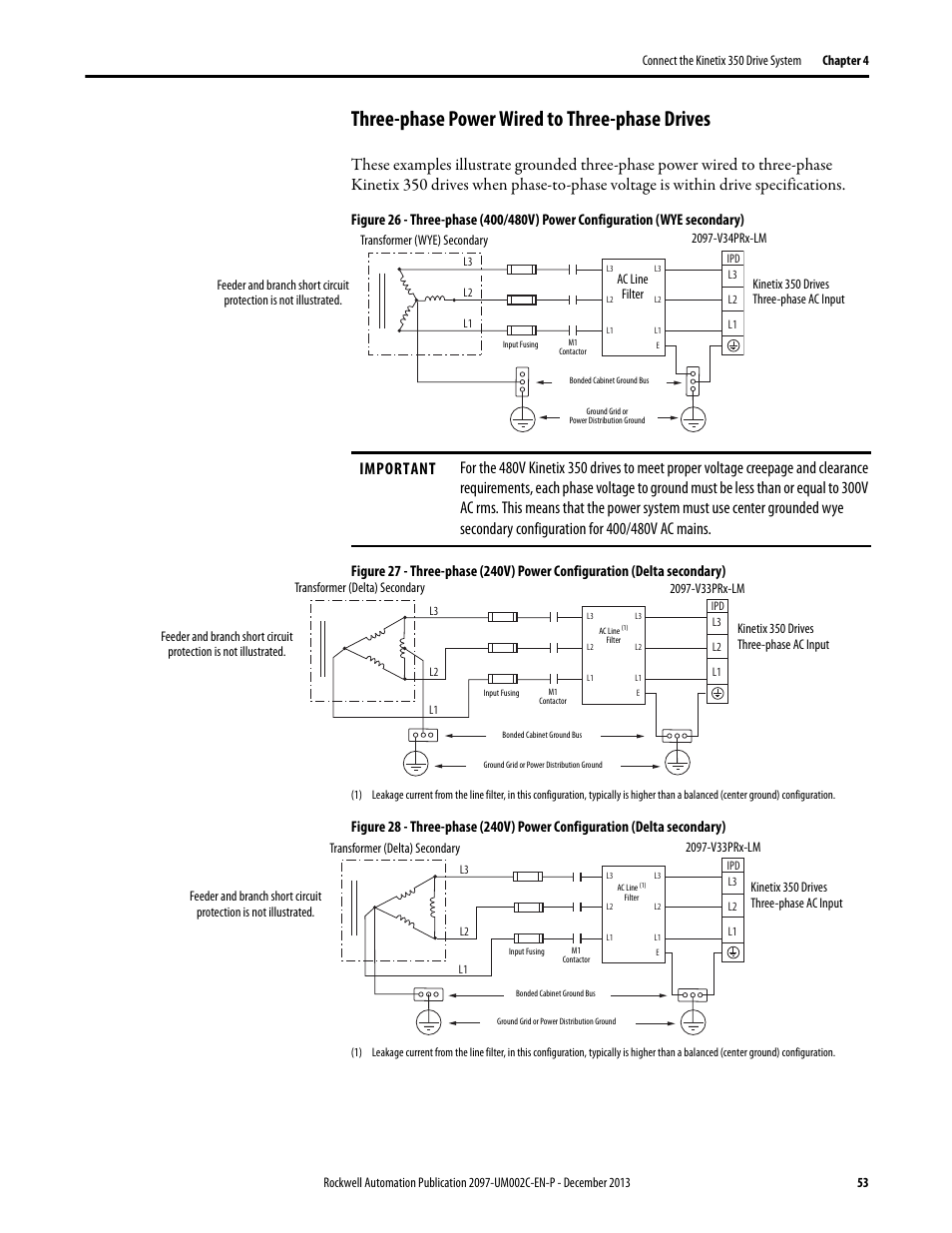 Three-phase power wired to three-phase drives | Rockwell Automation 2097-Vxxx Kinetix 350 Single-axis EtherNet/IP Servo Drive User Manual User Manual | Page 53 / 156