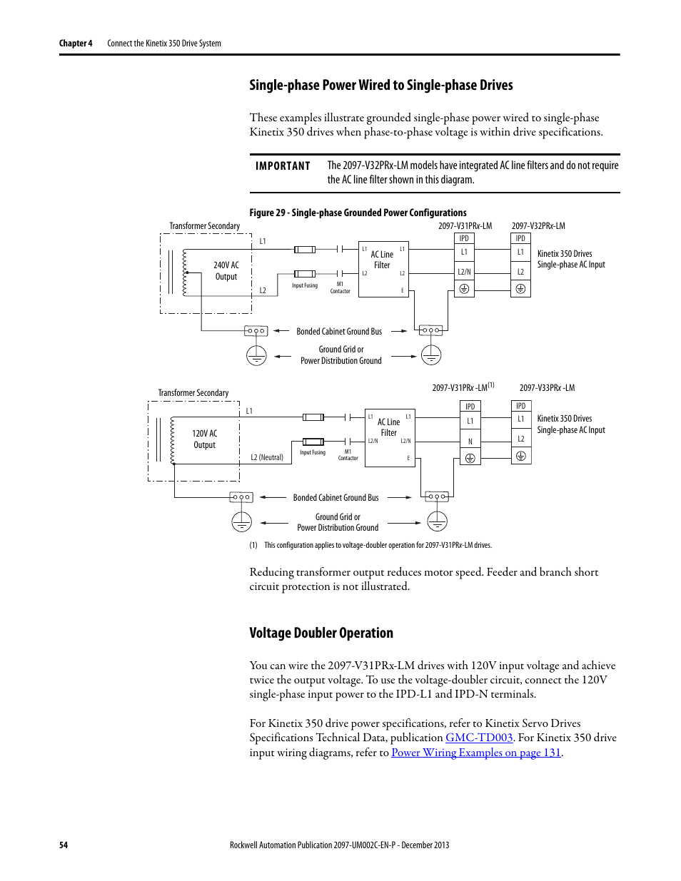 Single-phase power wired to single-phase drives, Voltage doubler operation | Rockwell Automation 2097-Vxxx Kinetix 350 Single-axis EtherNet/IP Servo Drive User Manual User Manual | Page 54 / 156