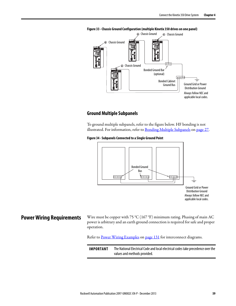 Ground multiple subpanels, Power wiring requirements | Rockwell Automation 2097-Vxxx Kinetix 350 Single-axis EtherNet/IP Servo Drive User Manual User Manual | Page 59 / 156