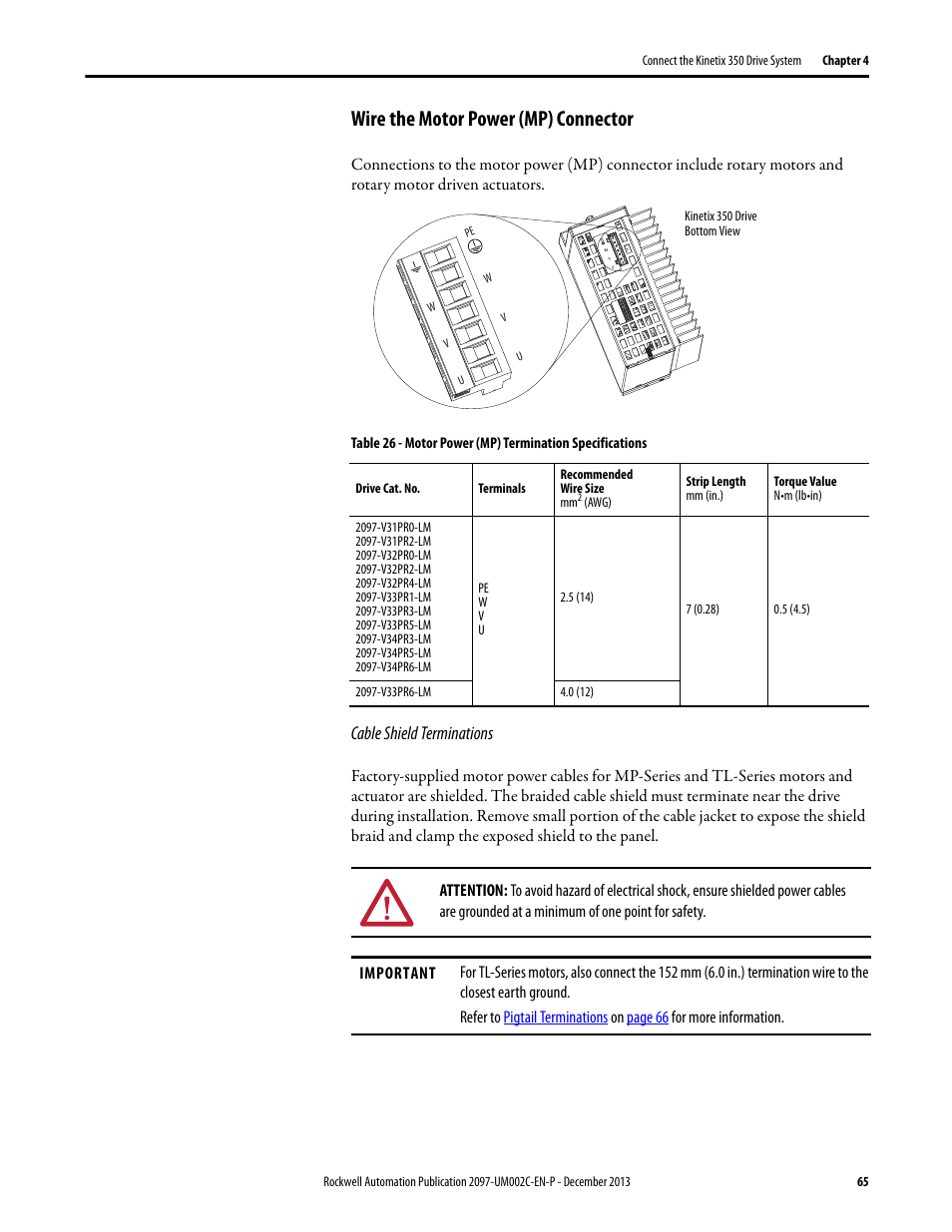 Wire the motor power (mp) connector, Cable shield terminations | Rockwell Automation 2097-Vxxx Kinetix 350 Single-axis EtherNet/IP Servo Drive User Manual User Manual | Page 65 / 156