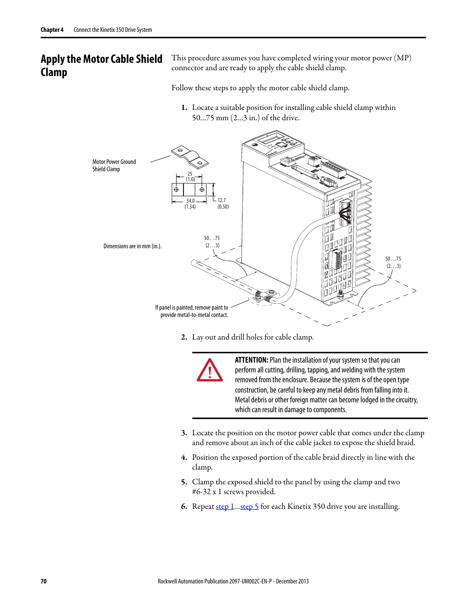 Apply the motor cable shield clamp | Rockwell Automation 2097-Vxxx Kinetix 350 Single-axis EtherNet/IP Servo Drive User Manual User Manual | Page 70 / 156