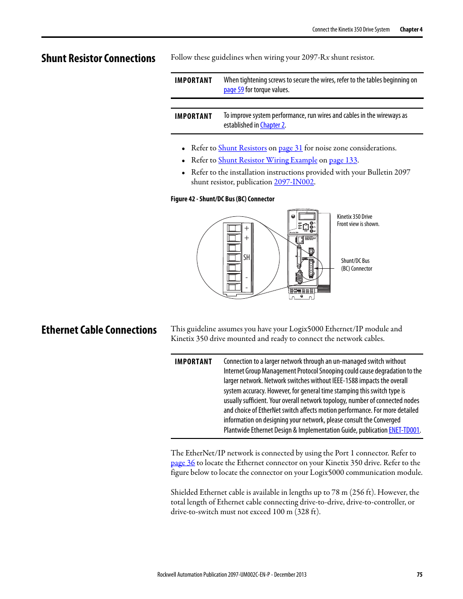 Shunt resistor connections, Ethernet cable connections | Rockwell Automation 2097-Vxxx Kinetix 350 Single-axis EtherNet/IP Servo Drive User Manual User Manual | Page 75 / 156