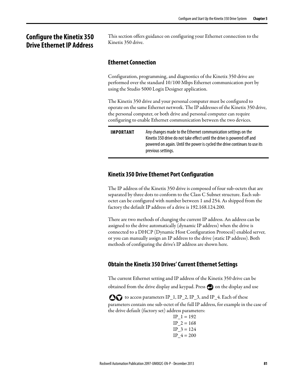 Ethernet connection, Kinetix 350 drive ethernet port configuration | Rockwell Automation 2097-Vxxx Kinetix 350 Single-axis EtherNet/IP Servo Drive User Manual User Manual | Page 81 / 156