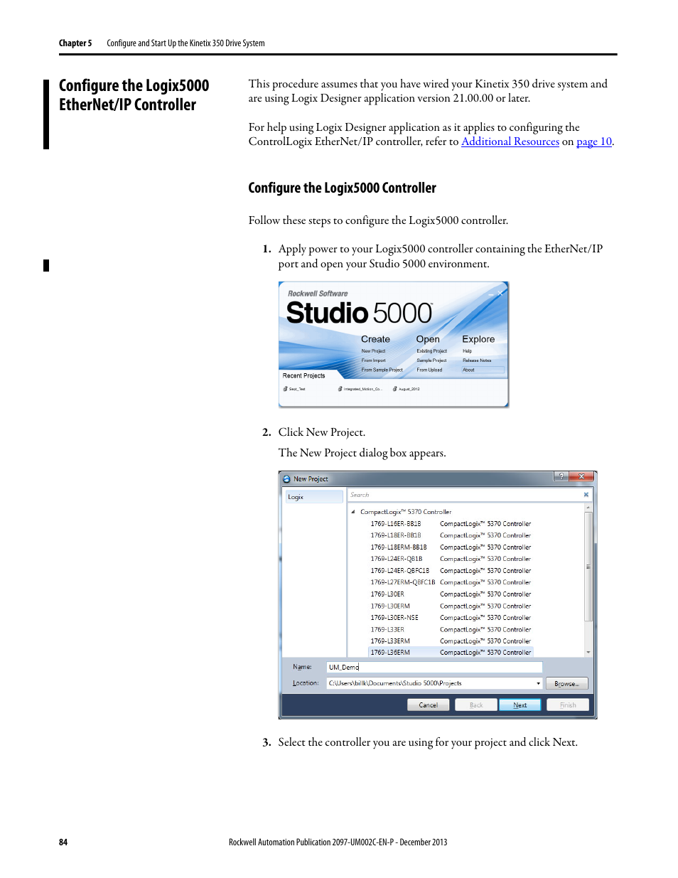 Configure the logix5000 ethernet/ip controller, Configure the logix5000 controller | Rockwell Automation 2097-Vxxx Kinetix 350 Single-axis EtherNet/IP Servo Drive User Manual User Manual | Page 84 / 156