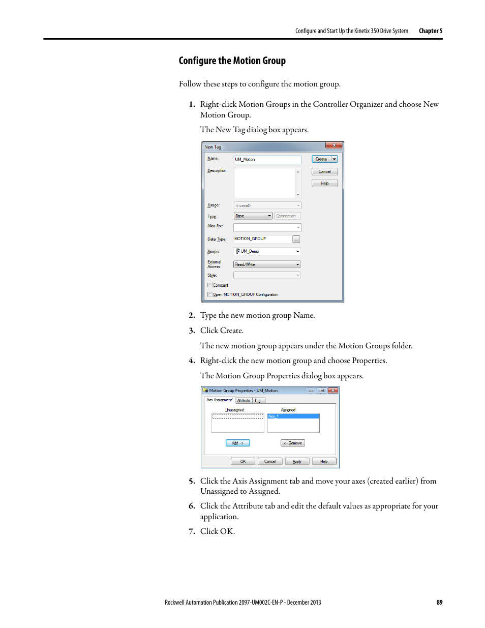 Configure the motion group | Rockwell Automation 2097-Vxxx Kinetix 350 Single-axis EtherNet/IP Servo Drive User Manual User Manual | Page 89 / 156