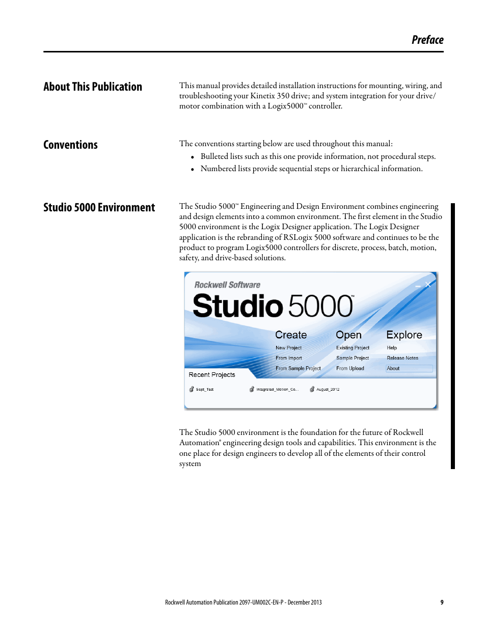 About this publication, Conventions, Studio 5000 environment | Preface, Preface about this publication | Rockwell Automation 2097-Vxxx Kinetix 350 Single-axis EtherNet/IP Servo Drive User Manual User Manual | Page 9 / 156