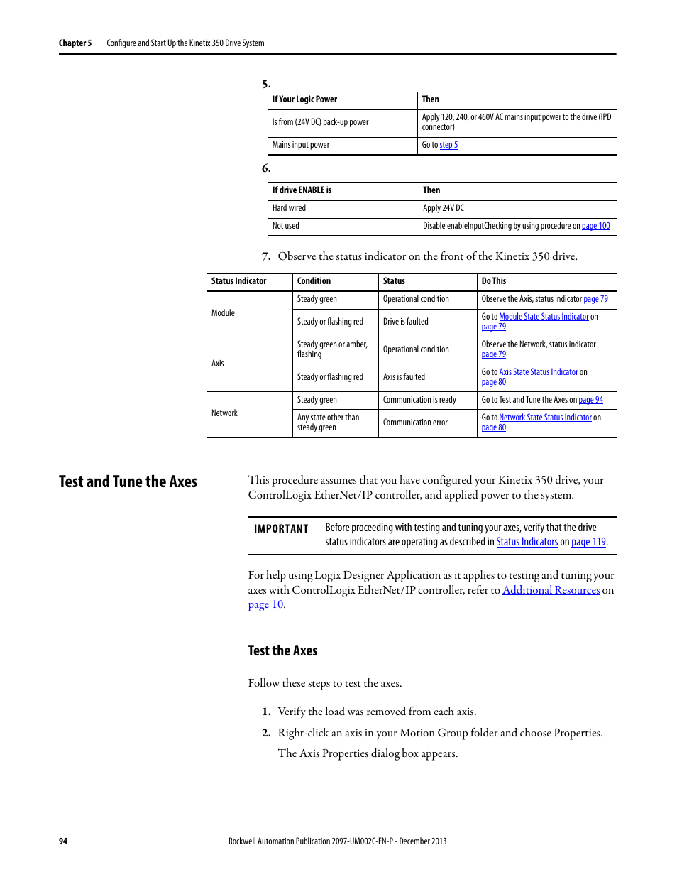 Test and tune the axes, Test the axes | Rockwell Automation 2097-Vxxx Kinetix 350 Single-axis EtherNet/IP Servo Drive User Manual User Manual | Page 94 / 156