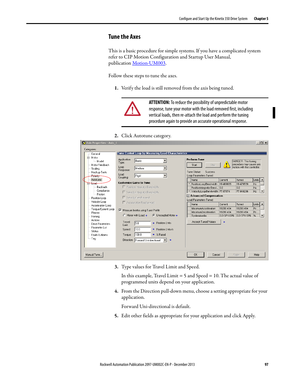 Tune the axes | Rockwell Automation 2097-Vxxx Kinetix 350 Single-axis EtherNet/IP Servo Drive User Manual User Manual | Page 97 / 156