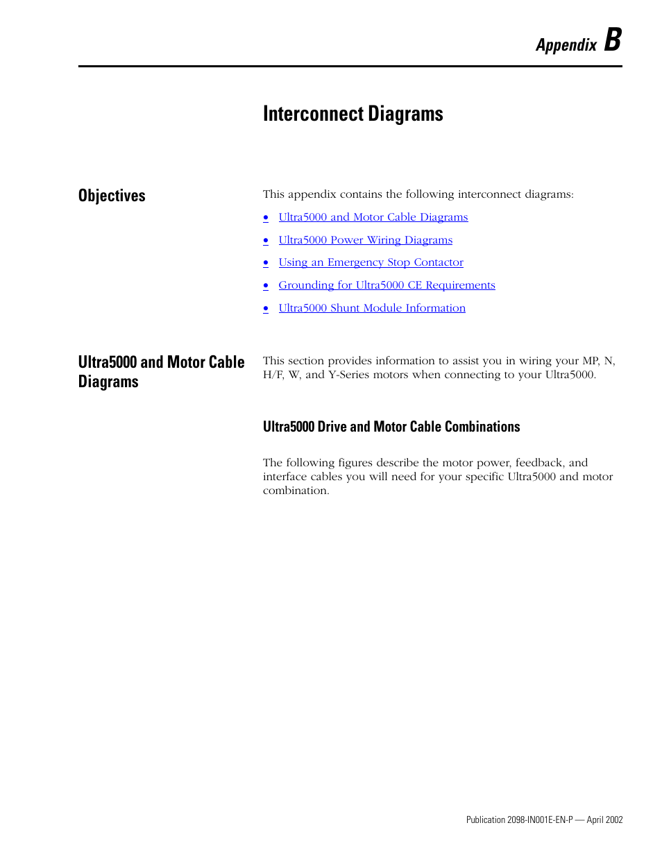 B - interconnect diagrams, Objectives, Ultra5000 and motor cable diagrams | Ultra5000 drive and motor cable combinations, Appendix b, Interconnect diagrams, Refer to | Rockwell Automation 2098-IPD-xxx Ultra5000 Intelligent Positioning Drives Installation Manual User Manual | Page 113 / 160
