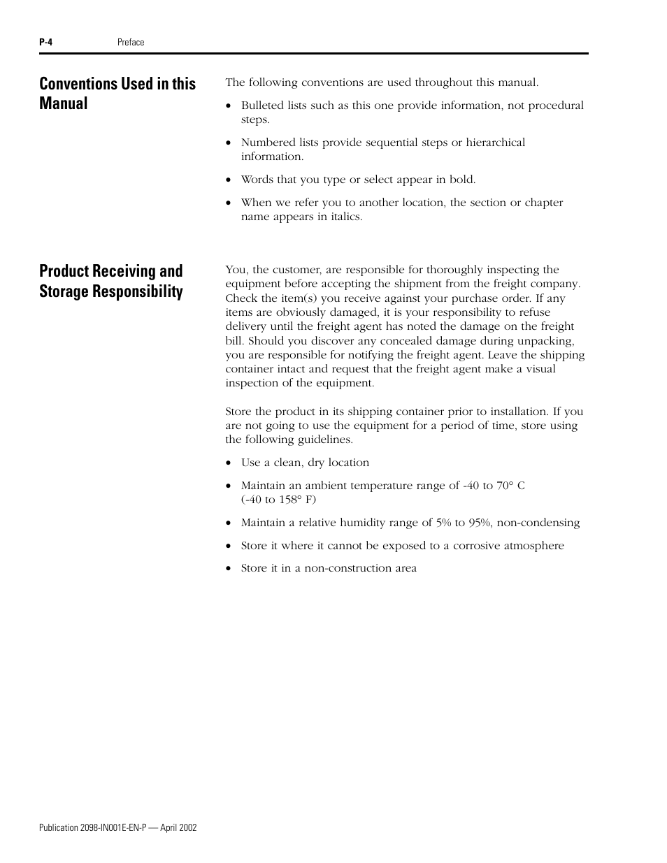 Conventions used in this manual, Product receiving and storage responsibility | Rockwell Automation 2098-IPD-xxx Ultra5000 Intelligent Positioning Drives Installation Manual User Manual | Page 12 / 160