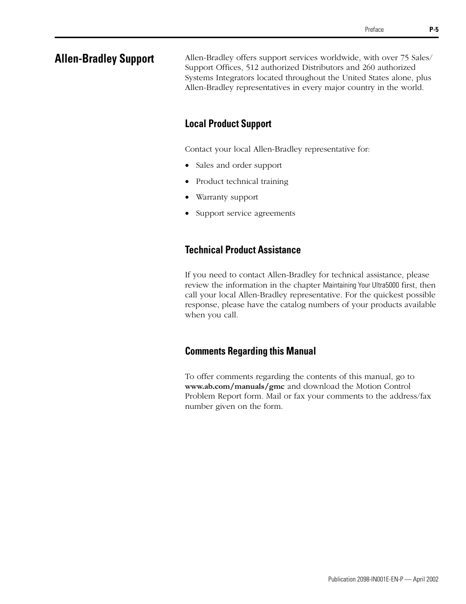 Allen-bradley support, Local product support, Technical product assistance | Comments regarding this manual | Rockwell Automation 2098-IPD-xxx Ultra5000 Intelligent Positioning Drives Installation Manual User Manual | Page 13 / 160