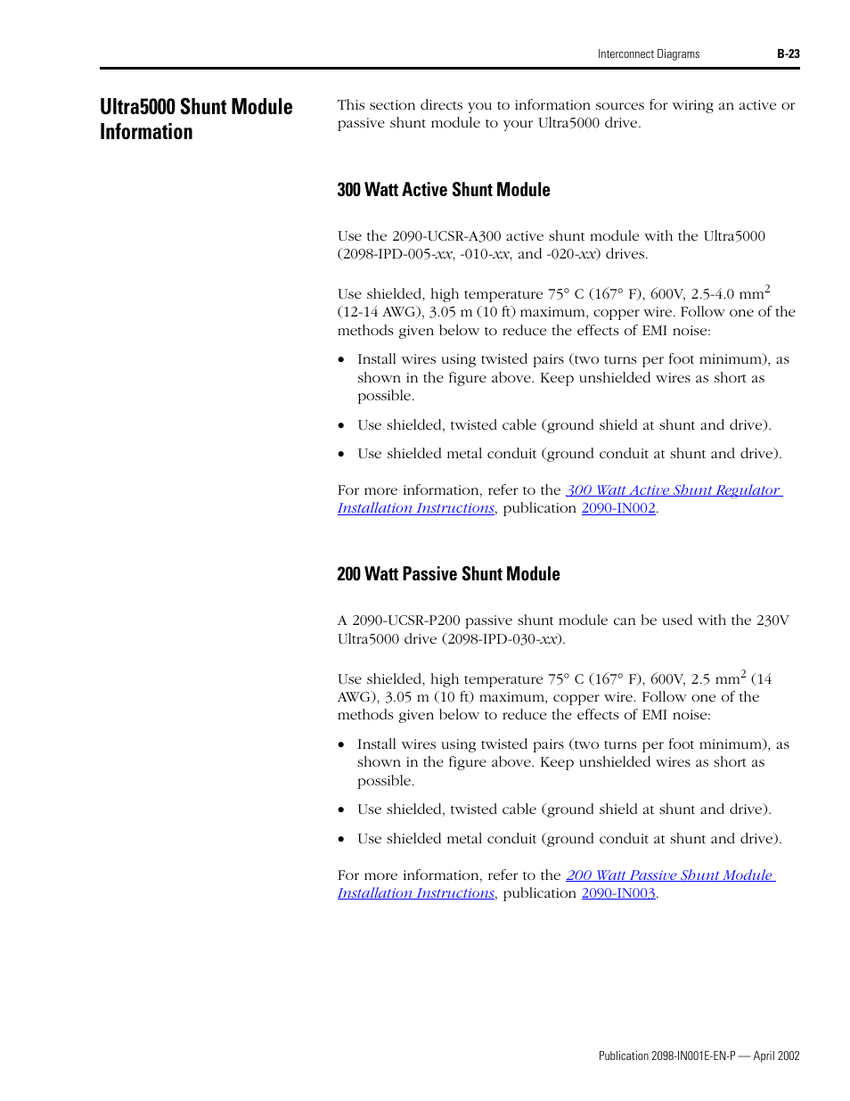 Ultra5000 shunt module information, 300 watt active shunt module, 200 watt passive shunt module | 300 watt active, Shunt module | Rockwell Automation 2098-IPD-xxx Ultra5000 Intelligent Positioning Drives Installation Manual User Manual | Page 135 / 160