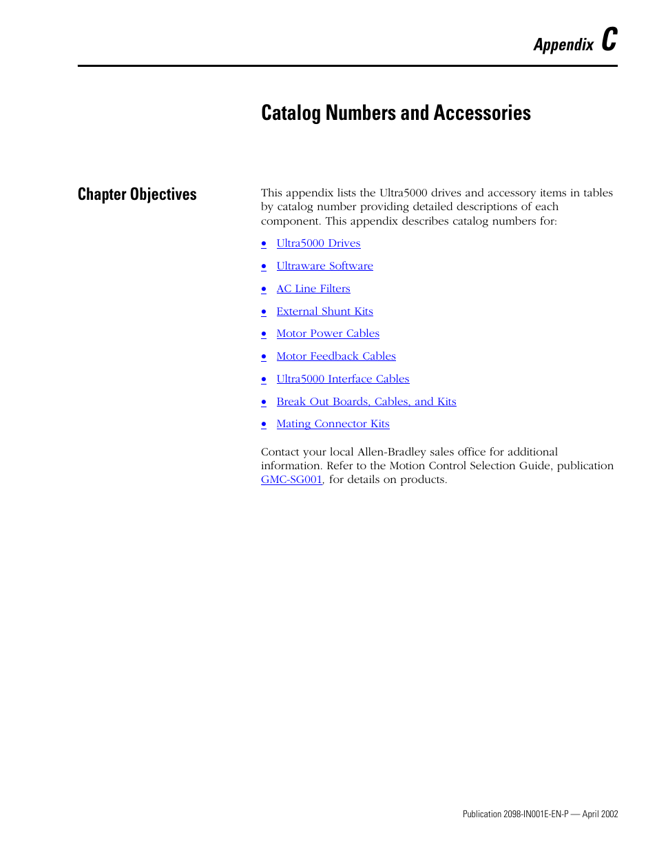 Chapter objectives, Appendix c, Catalog numbers and accessories | Appendix | Rockwell Automation 2098-IPD-xxx Ultra5000 Intelligent Positioning Drives Installation Manual User Manual | Page 137 / 160
