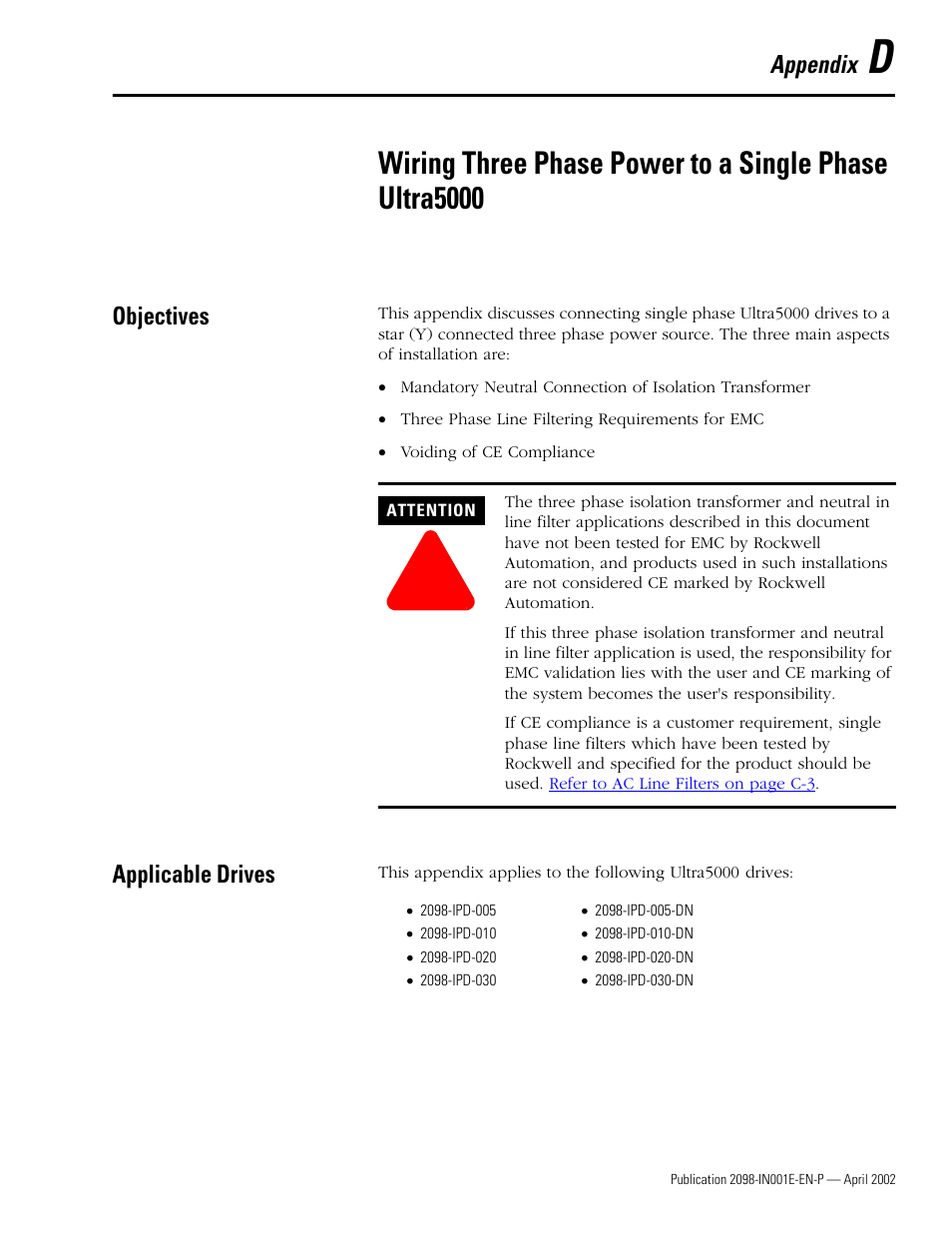 Objectives, Applicable drives, Appendix d | Rockwell Automation 2098-IPD-xxx Ultra5000 Intelligent Positioning Drives Installation Manual User Manual | Page 147 / 160