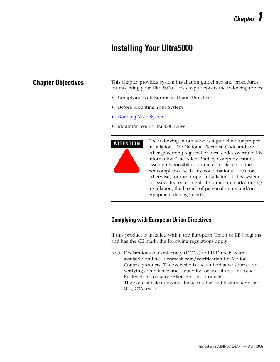 1 - installing your ultra5000, Chapter objectives, Complying with european union directives | Chapter 1, Installing your ultra5000, Chapter objectives -1, Complying with european union directives -1 | Rockwell Automation 2098-IPD-xxx Ultra5000 Intelligent Positioning Drives Installation Manual User Manual | Page 15 / 160