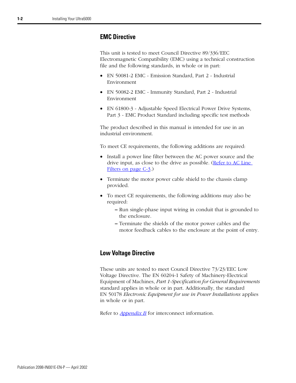 Emc directive, Low voltage directive, Emc directive -2 low voltage directive -2 | Rockwell Automation 2098-IPD-xxx Ultra5000 Intelligent Positioning Drives Installation Manual User Manual | Page 16 / 160