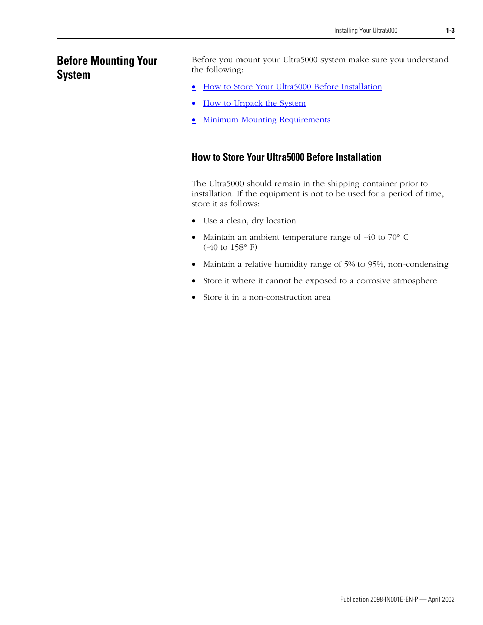 Before mounting your system, How to store your ultra5000 before installation, Before mounting your system -3 | How to store your ultra5000 before installation -3 | Rockwell Automation 2098-IPD-xxx Ultra5000 Intelligent Positioning Drives Installation Manual User Manual | Page 17 / 160