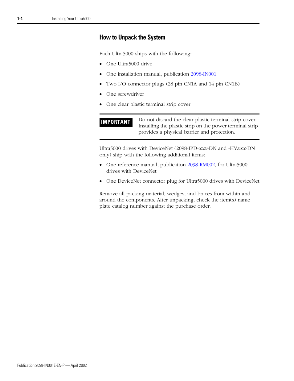 How to unpack the system, How to unpack the system -4 | Rockwell Automation 2098-IPD-xxx Ultra5000 Intelligent Positioning Drives Installation Manual User Manual | Page 18 / 160