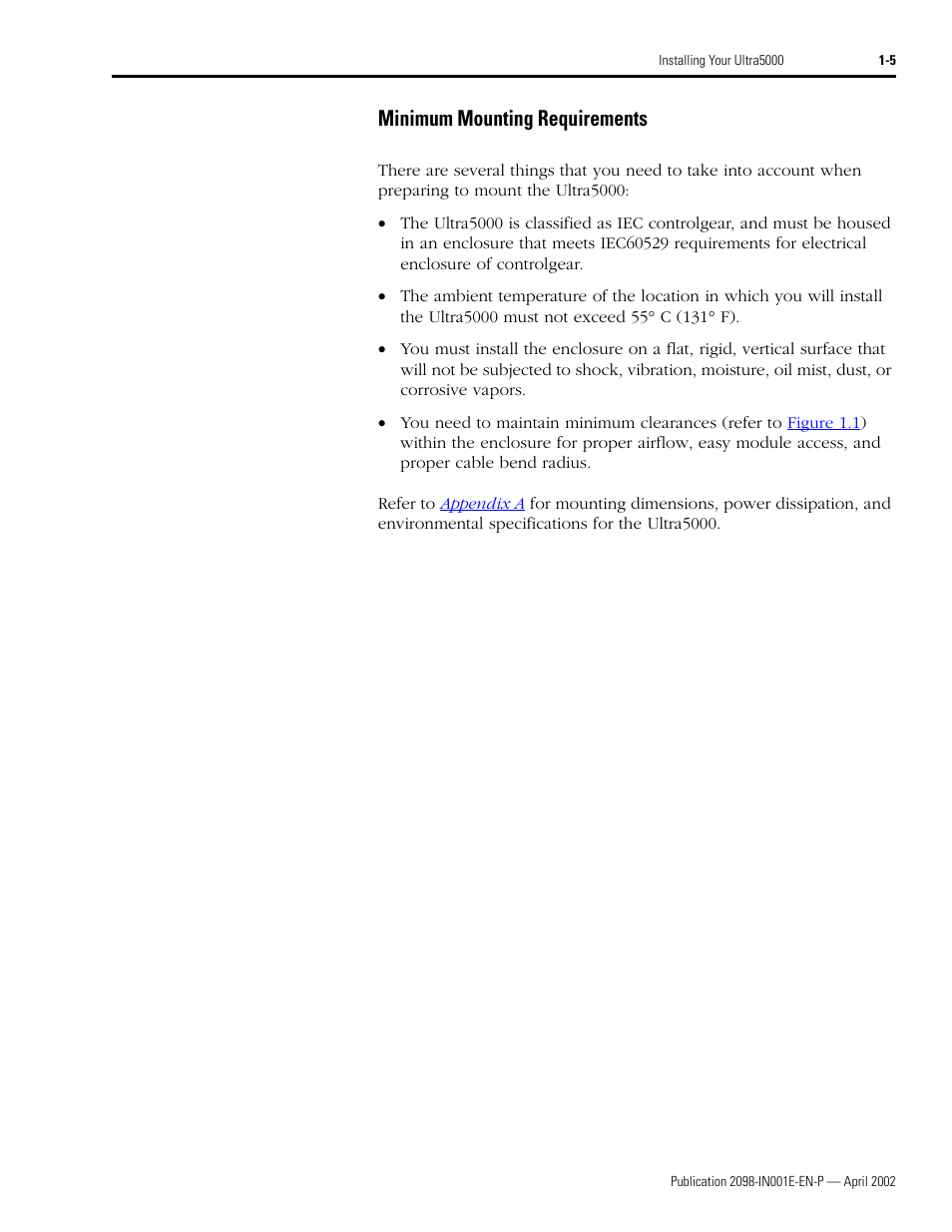 Minimum mounting requirements, Minimum mounting requirements -5 | Rockwell Automation 2098-IPD-xxx Ultra5000 Intelligent Positioning Drives Installation Manual User Manual | Page 19 / 160