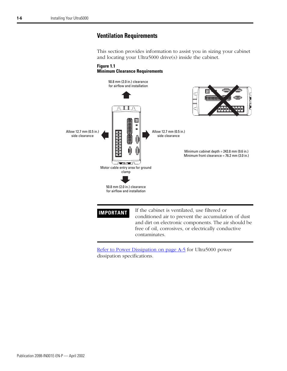 Ventilation requirements, Ventilation requirements -6, Figure 1.1 | Rockwell Automation 2098-IPD-xxx Ultra5000 Intelligent Positioning Drives Installation Manual User Manual | Page 20 / 160