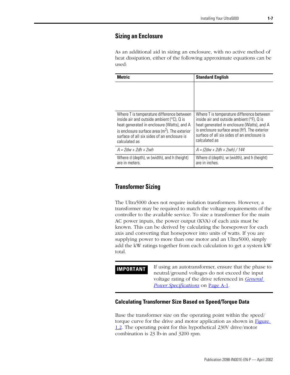 Sizing an enclosure, Transformer sizing, Sizing an enclosure -7 transformer sizing -7 | Rockwell Automation 2098-IPD-xxx Ultra5000 Intelligent Positioning Drives Installation Manual User Manual | Page 21 / 160