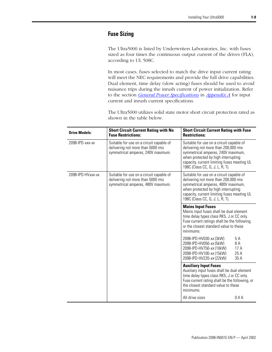 Fuse sizing, Fuse sizing -9 | Rockwell Automation 2098-IPD-xxx Ultra5000 Intelligent Positioning Drives Installation Manual User Manual | Page 23 / 160