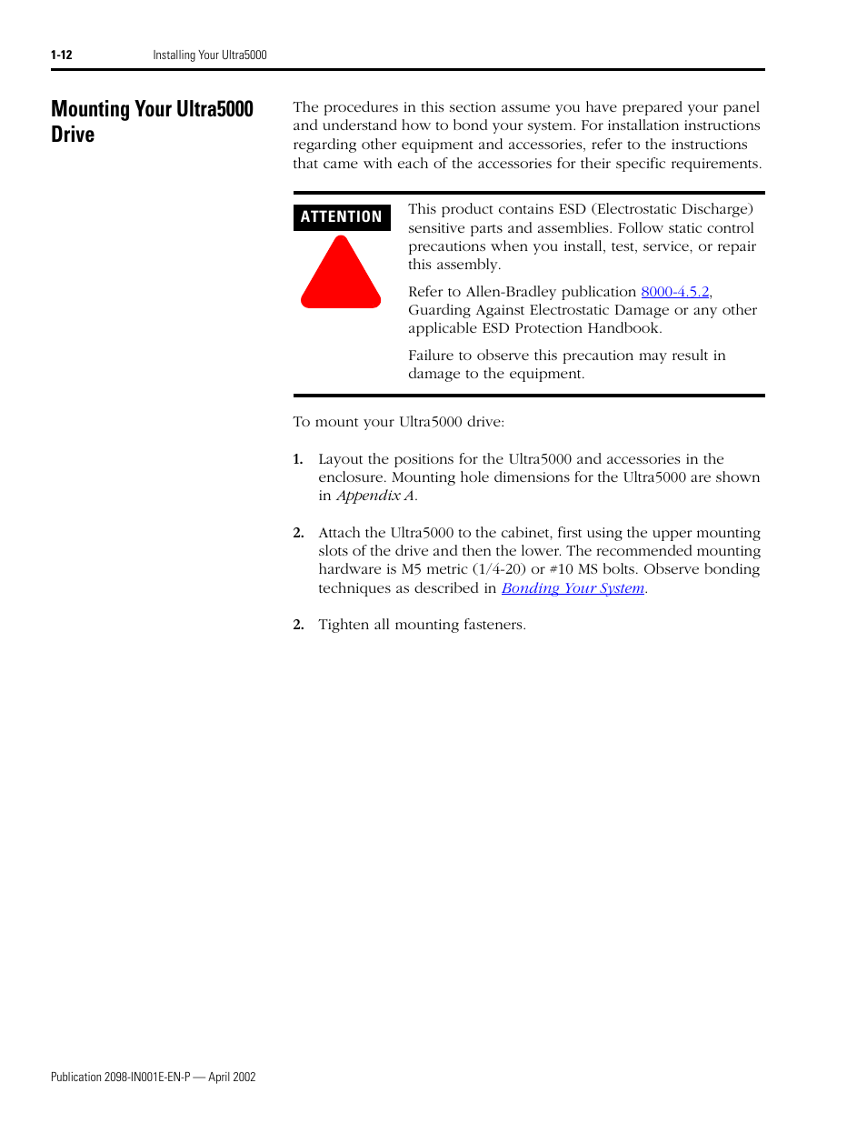 Mounting your ultra5000 drive, Mounting your ultra5000 drive -12 | Rockwell Automation 2098-IPD-xxx Ultra5000 Intelligent Positioning Drives Installation Manual User Manual | Page 26 / 160