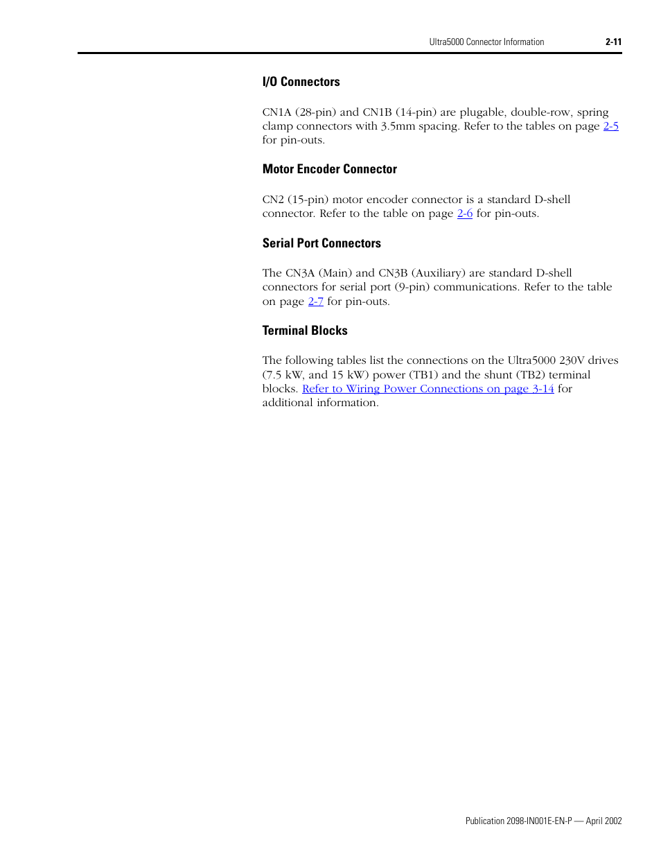 I/o connectors, Motor encoder connector, Serial port connectors | Terminal blocks | Rockwell Automation 2098-IPD-xxx Ultra5000 Intelligent Positioning Drives Installation Manual User Manual | Page 37 / 160