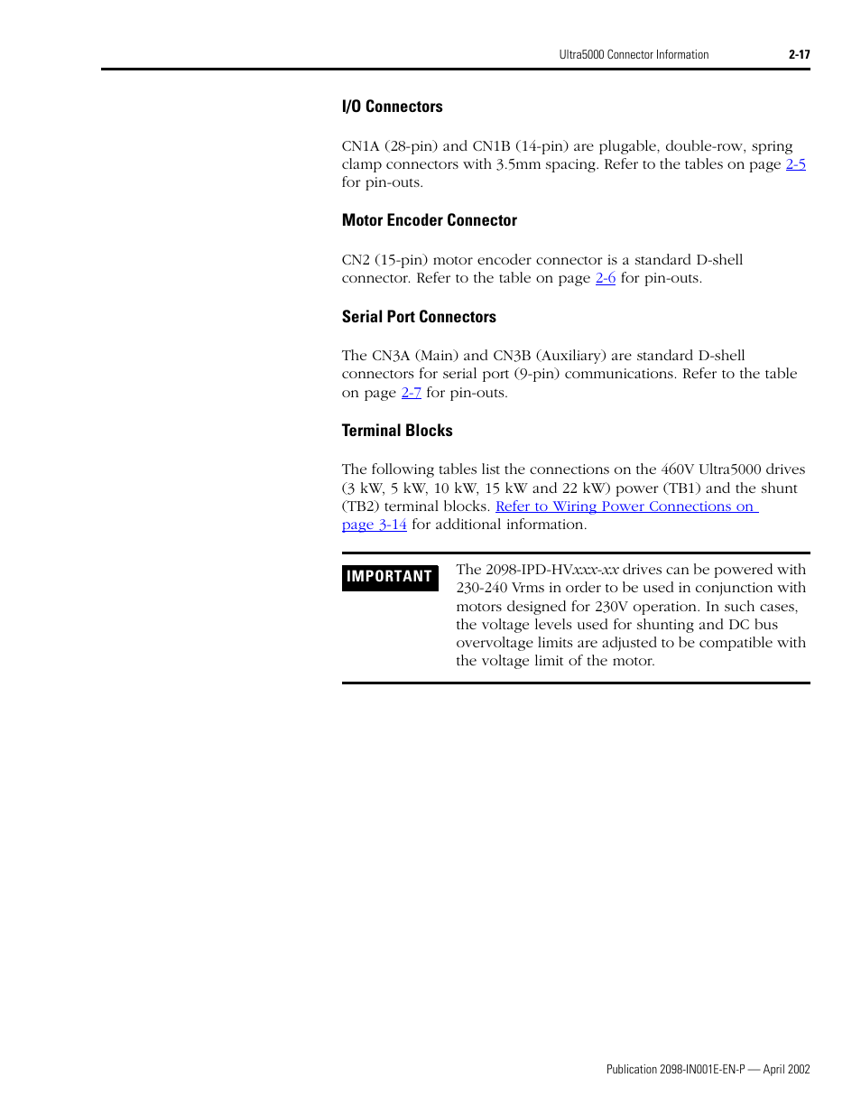 I/o connectors, Motor encoder connector, Serial port connectors | Terminal blocks | Rockwell Automation 2098-IPD-xxx Ultra5000 Intelligent Positioning Drives Installation Manual User Manual | Page 43 / 160