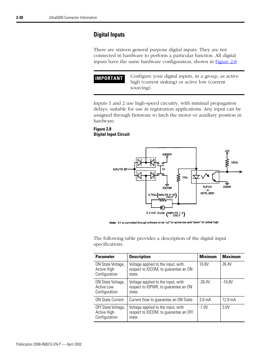 Digital inputs, Digital inputs -20 | Rockwell Automation 2098-IPD-xxx Ultra5000 Intelligent Positioning Drives Installation Manual User Manual | Page 46 / 160