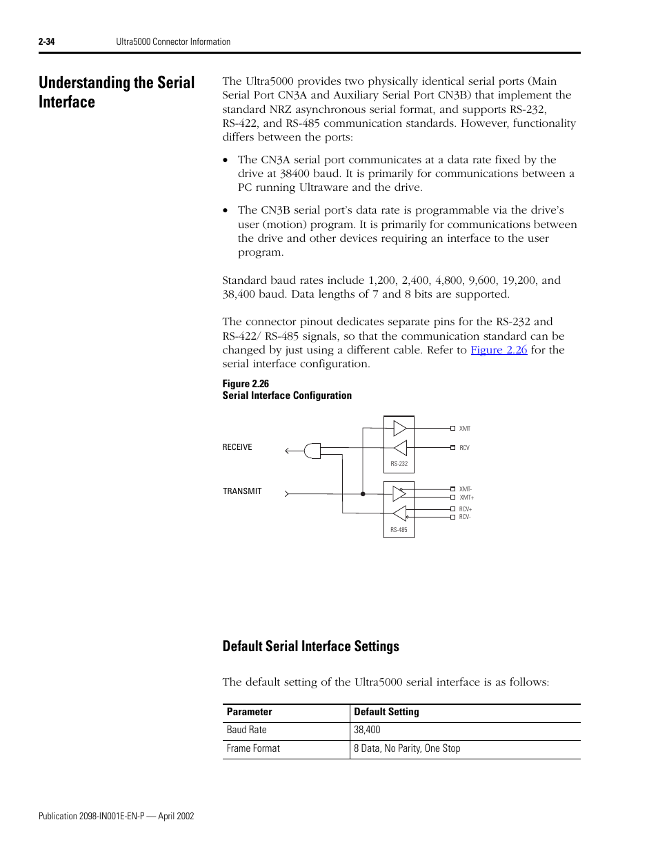 Understanding the serial interface, Default serial interface settings, Understanding the serial interface -34 | Default serial interface settings -34 | Rockwell Automation 2098-IPD-xxx Ultra5000 Intelligent Positioning Drives Installation Manual User Manual | Page 60 / 160