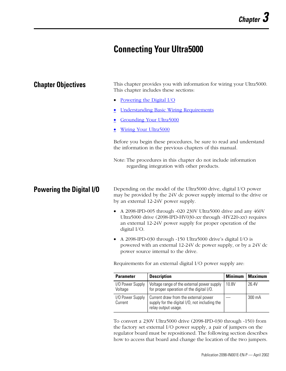 3 - connecting your ultra5000, Chapter objectives, Powering the digital i/o | Chapter 3, Connecting your ultra5000, Chapter objectives -1 powering the digital i/o -1, Chapter | Rockwell Automation 2098-IPD-xxx Ultra5000 Intelligent Positioning Drives Installation Manual User Manual | Page 61 / 160
