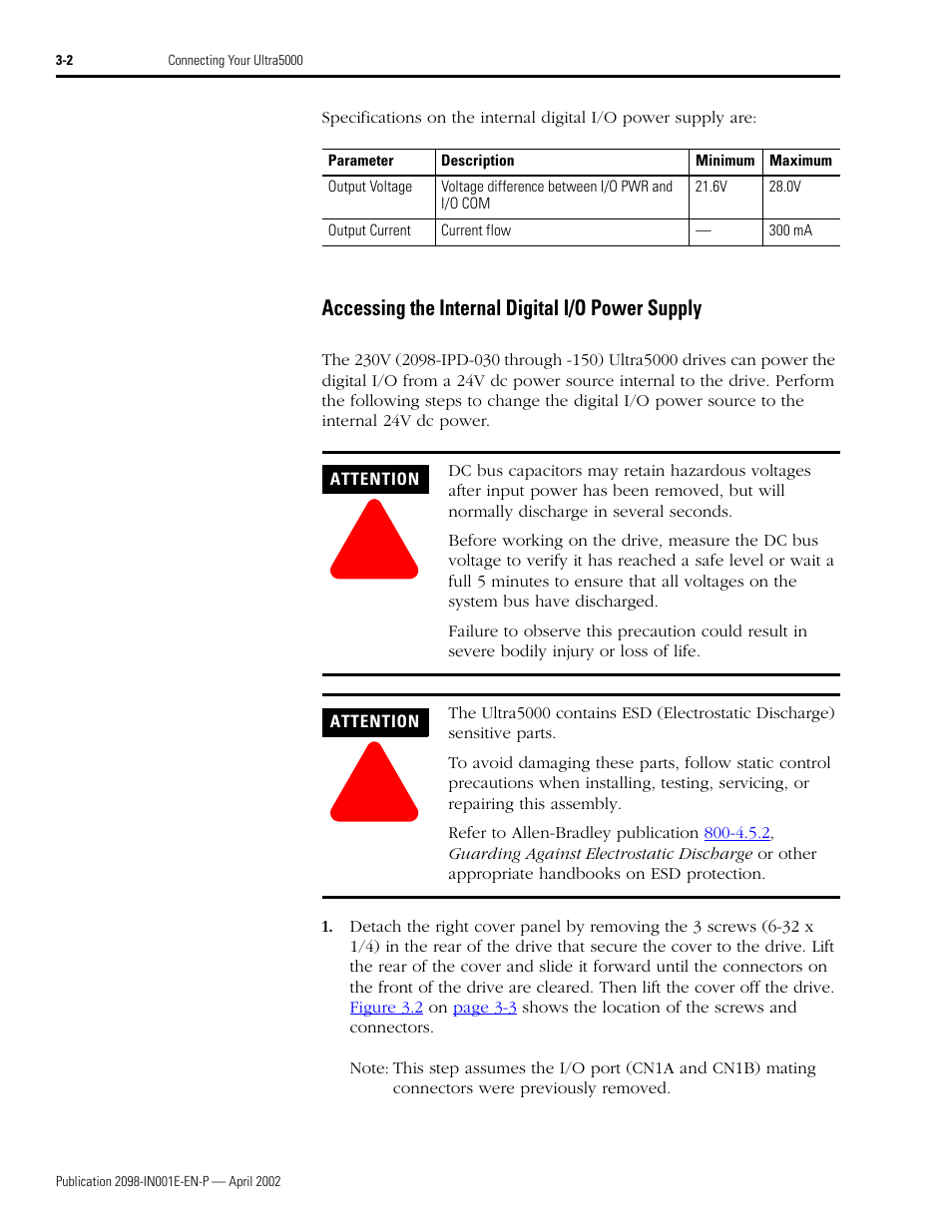 Accessing the internal digital i/o power supply, Accessing the internal digital i/o power supply -2 | Rockwell Automation 2098-IPD-xxx Ultra5000 Intelligent Positioning Drives Installation Manual User Manual | Page 62 / 160