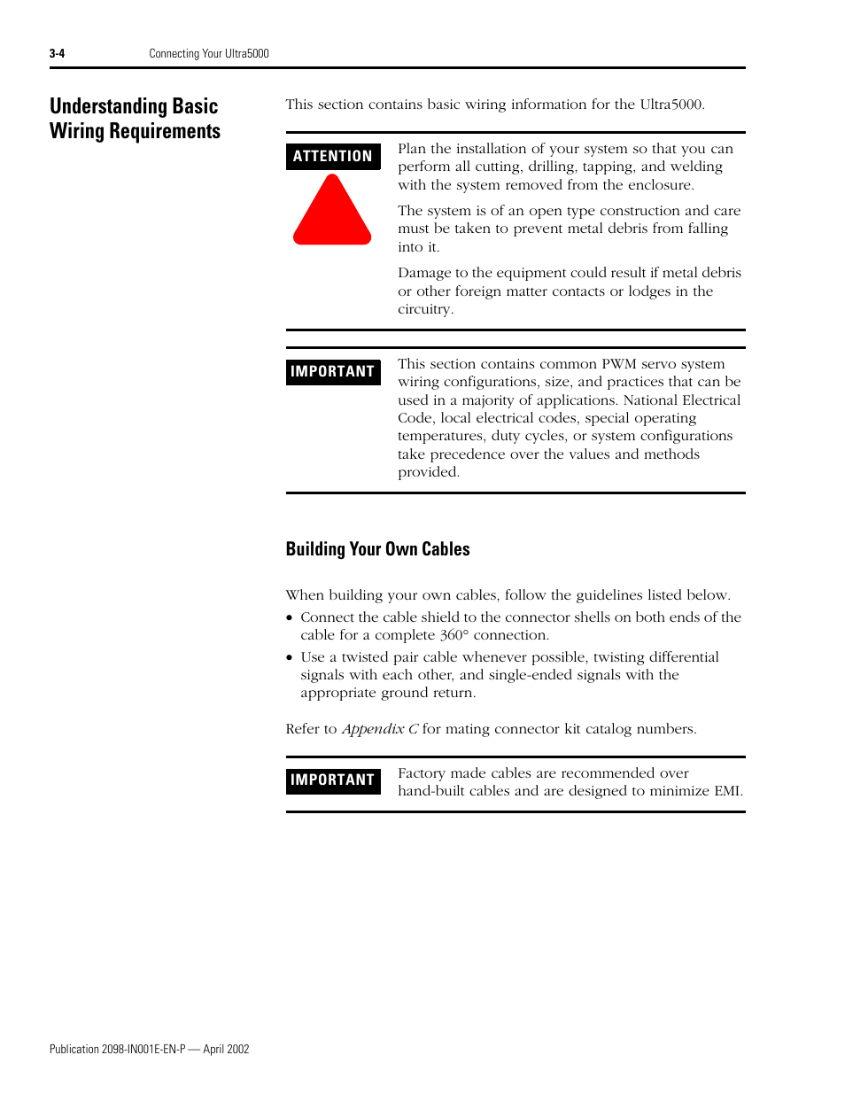 Understanding basic wiring requirements, Building your own cables, Understanding basic wiring requirements -4 | Building your own cables -4 | Rockwell Automation 2098-IPD-xxx Ultra5000 Intelligent Positioning Drives Installation Manual User Manual | Page 64 / 160