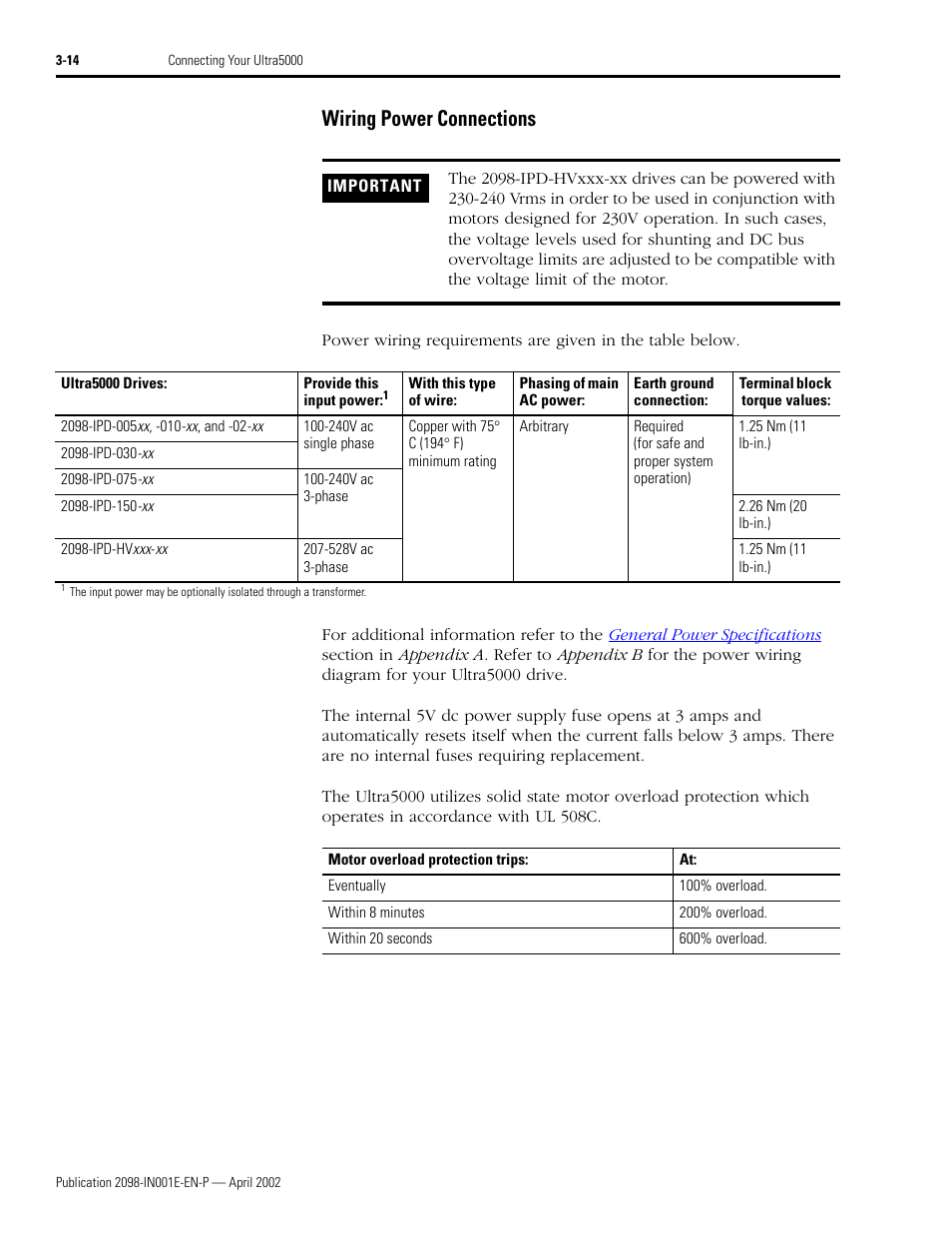 Wiring power connections, Wiring power connections -14, Refer to wiring | Minal blocks, Refer, Inal blocks, Refer to wiring power connections on | Rockwell Automation 2098-IPD-xxx Ultra5000 Intelligent Positioning Drives Installation Manual User Manual | Page 74 / 160