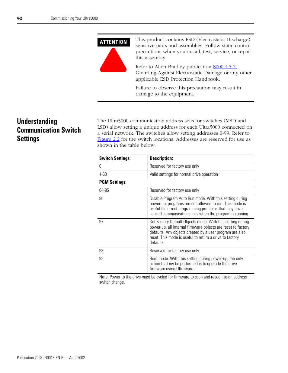 Understanding communication switch settings, Understanding communication switch settings -2 | Rockwell Automation 2098-IPD-xxx Ultra5000 Intelligent Positioning Drives Installation Manual User Manual | Page 82 / 160