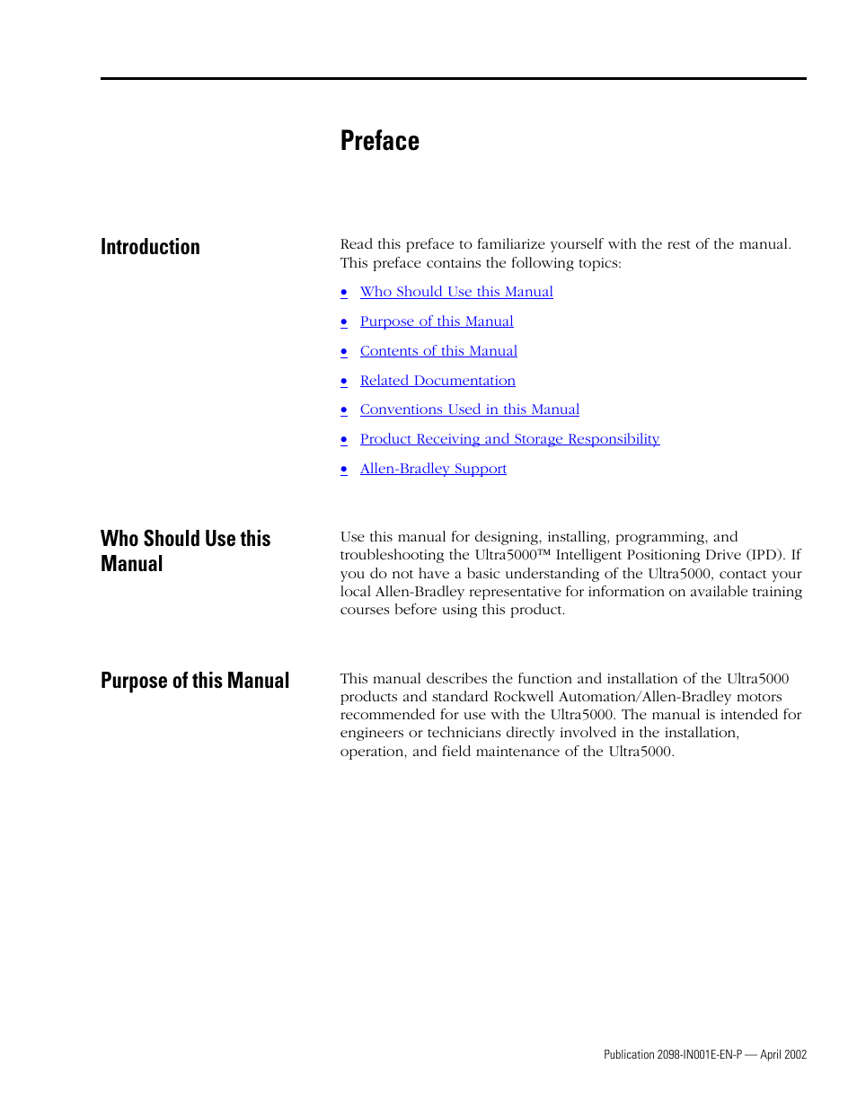 Introduction, Who should use this manual, Purpose of this manual | Preface | Rockwell Automation 2098-IPD-xxx Ultra5000 Intelligent Positioning Drives Installation Manual User Manual | Page 9 / 160